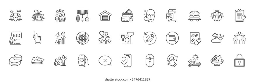 Patient, Lounger and Cable section line icons. Pack of Patient history, Painter, Auction icon. Windy weather, Group people, Chandelier pictogram. Rotation gesture, Grill tools, Distribution. Vector