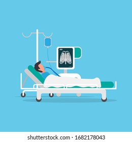 Patient with lung disease. A man lies on an artificial pulmonary device. Vector.