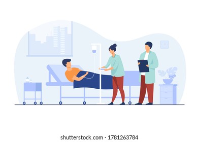 Patient Lying In Bed During Intensive Therapy Isolated Flat Vector Illustration. Cartoon Doctor With Clipboard And Nurse With Dropper. Hospital Room, Therapy And Healthcare Concept
