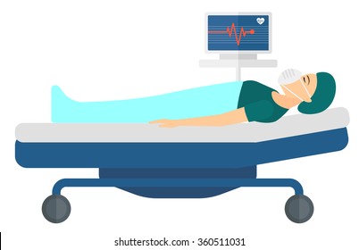 Patient lying in bed with heart monitor.