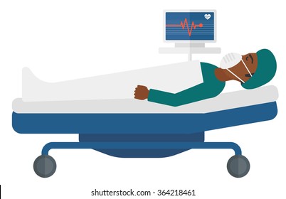 Patient lying in bed with heart monitor.