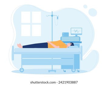 The patient is lying in bed in the intensive therapy room trending concept flat illustration