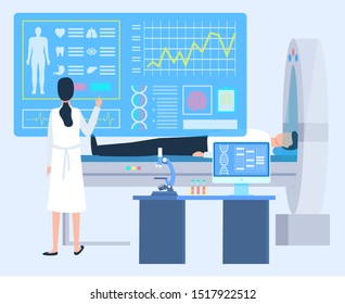 Patient lying in cardiogram, health diagnosis, board report of disease. MRI and woman doctor or nurse, microscope and computer on desktop, lab vector, computer tomografy CT, magnetic resonance imaging