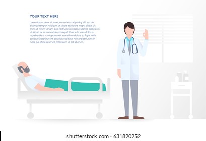 Patient Lying In A Hospital Bed, Doctor Shows OK. The Process Of Treatment And Inpatient Rehabilitation. Healthcare And Medical Insurance Concept. Vector Flat Illustration With A Place For Text