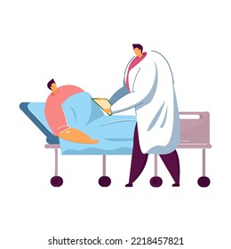 Patient lying in hospital bed with dropper. Professionals providing care and support flat vector illustration. Healthcare, intensive therapy concept for banner, website design