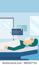 Patient lying in hospital bed with heart monitor.