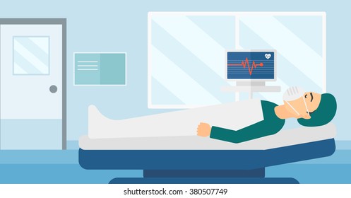 Patient lying in hospital bed with heart monitor.