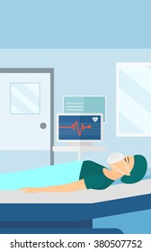 Patient lying in hospital bed with heart monitor.