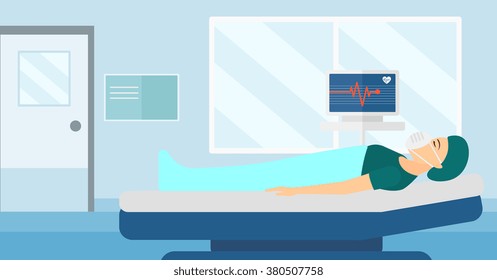 Patient lying in hospital bed with heart monitor.