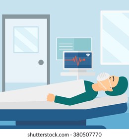 Patient lying in hospital  bed with heart monitor.