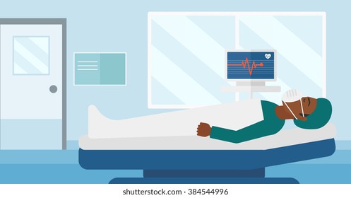 Patient lying in hospital bed with heart monitor.