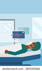Patient lying in hospital bed with heart monitor.