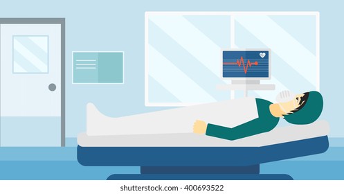 Patient lying in hospital bed with heart monitor.