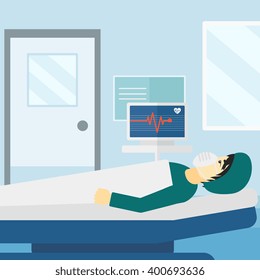 Patient lying in hospital  bed with heart monitor.