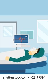 Patient lying in hospital bed with heart monitor.