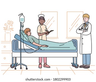 The patient is lying in a hospital bed and a nurse and a doctor are standing next to each other. hand drawn style vector design illustrations. 