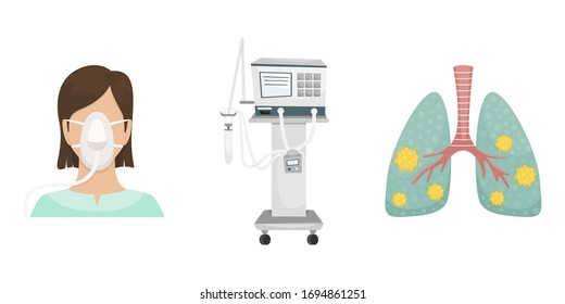 The Patient Is Lying In The Hospital On A Ventilator. Fighting The Coronavirus. Ventilator, Lungs With Covid-19