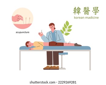 Un paciente está acostado en la cama, el doctor le está haciendo acupuntura al paciente. Traducción de caracteres chinos: Medicina Oriental