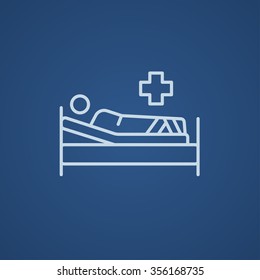 Patient liegt auf dem Bettliniensymbol für Web-, Mobil-und Infografiken. Vektorhellblaue Symbol einzeln auf blauem Hintergrund.