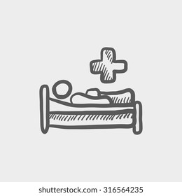 Patient lying on the bed sketch icon for web, mobile and infographics. Hand drawn vector dark grey icon isolated on light grey background.