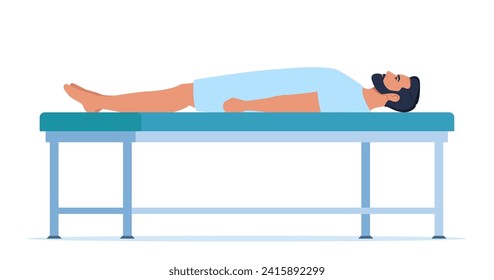 Patient lying on medical gurney. Hospital medical treatment. Patient waiting for doctor's examination. Vector illustration