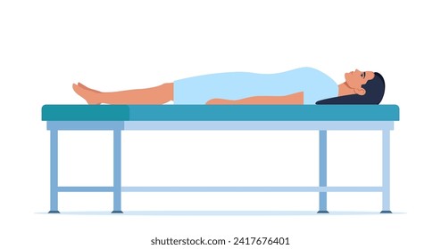 Paciente echado en la camilla médica. Tratamiento médico hospitalario. Paciente esperando el examen médico. Ilustración del vector