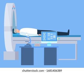 Patient lying on medical table, research brain in round equipment. Dna report in computer, microscope and test tube on table laboratory or clinic, computer tomografy CT, magnetic resonance imaging MRI