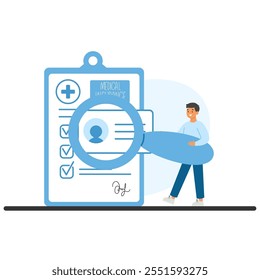 Patient with magnifying glass showcasing medical records, personal data, and insurance policies. Importance of accuracy in health documentation
