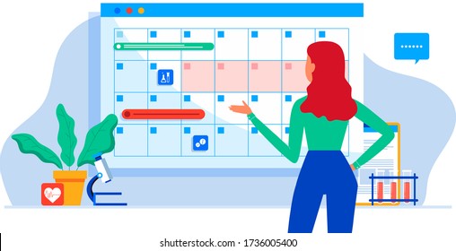 Patient makes an appointment with an online doctor. On the calendar selects date. calendar. work schedule, make an appointment online. Vector illustration for banner, landing page, app. Tele medicine