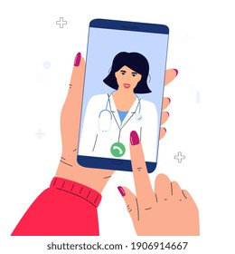 The patient makes a video call to the doctor online. Hands holding smartphone. Telemedicine concept. Medical worker advises a sick person remotely