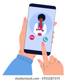 The patient makes a video call to the doctor online. Hands holding smartphone. Telemedicine concept. African American women medical worker advises a sick person remotely.