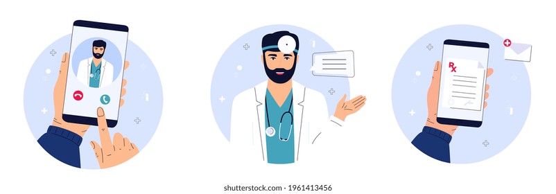 The patient makes a video call to the doctor on the smartphone. Medical worker with a stethoscope holds clipboard. Remote appointment. Telemedicine concept. Prescription online.