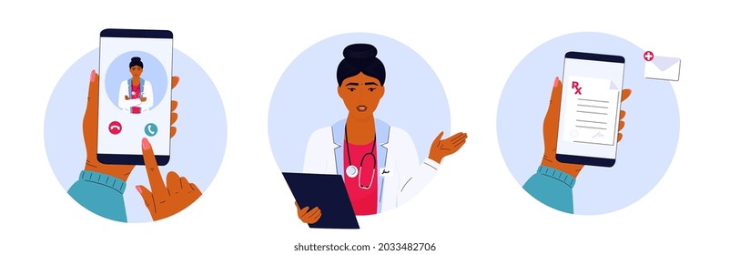 The patient makes a video call to the Indian doctor on the smartphone. Woman medical worker with a stethoscope holds clipboard. Remote appointment. Telemedicine concept. Prescription online