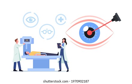 Patient Male Character with Eye Disease Applying Laser Correction, Ophthalmology Surgery in Hospital, Innovative Technologies for Vision Health Care and Treatment. Cartoon People Vector Illustration