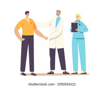 Médico de Gratitud de Personaje Masculino con mano temblorosa para tratamiento, consulta o ayuda médica. Los médicos se comunican con el cliente feliz, la medicina, la atención médica. Ilustración de vectores de personas de caricatura