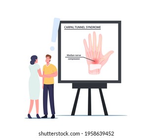 Patient Male Character Visiting Doctor Complain On Carpal Tunnel Syndrome, Nerve Compression And Pain In Wrist After Working On Pc. Office Worker Health Problem. Cartoon People Vector Illustration