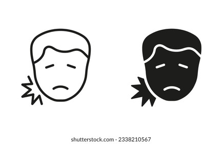 Männlicher Patient mit Zahnschmerzsymbol. Orale Erkrankung des Menschen, Piktogramm zur Behandlung von Zahnärzten. Mann mit Toothache Silhouette und Linie Icon Set. Zähne Ache Problem. Einzelne Vektorgrafik.