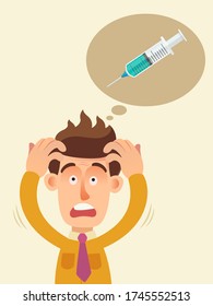 The patient man is afraid of an injection and a syringe needle. Fear of vaccination. The man’s is hair standing up from fear. Vector illustration 