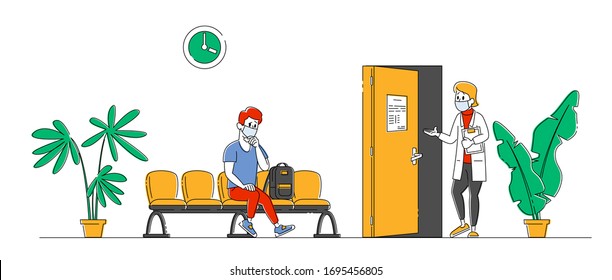 Patient Man Character Sitting in Clinic or Hospital Hallway Waiting Doctors Appointment for Health Care Treatment. Practitioner Inviting Next Client for Consultation. Linear People Vector Illustration
