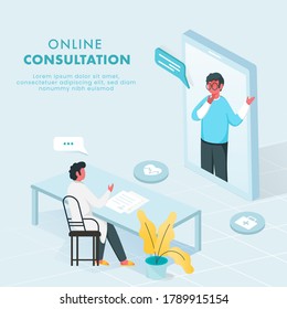 Patient Man Having Online Consultation From Doctor In 3D Smartphone On Light Blue Background.