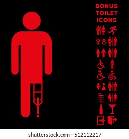 Patient Man icon and bonus male and lady restroom symbols. Vector illustration style is flat iconic symbols, red color, black background.