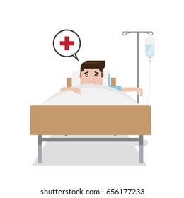 Patient man on hospital bed, vector illustration