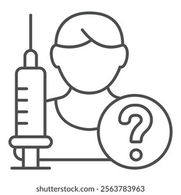 Patient man with question and syringe thin line icon, clinical research concept. Vector graphics. Human medicine test sign on white background, outline style icon for mobile or web design