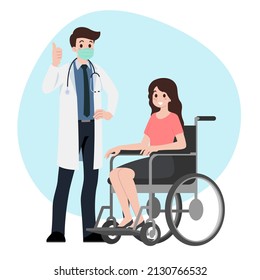 Patient Man Sit On A Wheel Chair With Primary Care Physician Woman At Hospital Office. Clinic Appointment Meeting With Doctor, Giving Medical Care About Checkup Results. Vector Character Illustration.