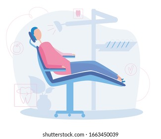 Patient man or woman in a dental chair in dentistry or orthodontics. Flat outline vector stock illustration with people and dental clinic as a concept for the treatment of teeth, molars and incisors