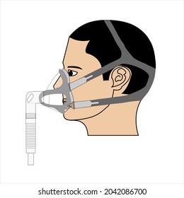 Patient With Mask And Harness For Sleep Apnea Side View  Vector