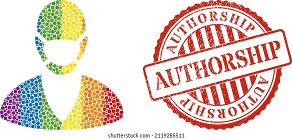 Patient mask mosaic icon of round items in different sizes and spectrum colored color tones. Red round scratched stamp with Authorship text. A dotted LGBT- colored patient mask for lesbians, gays,