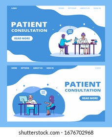 Patient at medical consultation by doctor line medicine banners set, vector illustration. Woman at clinic talking with doctor about her health complaints, man patient consults female doctor in