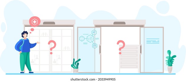 Patient in medical office, doubting man stands in front of doors of clinic and does not dare to enter doctors appointment. Person making confusion thinks what he needs to buy at pharmacy solves issue