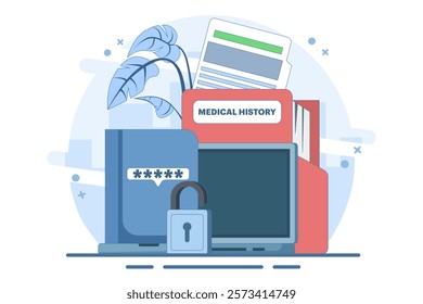 Patient medical records, information protection and privacy. Health care data and medical records. Health care protect patient medical records on clipboard. Flat vector illustration on background.